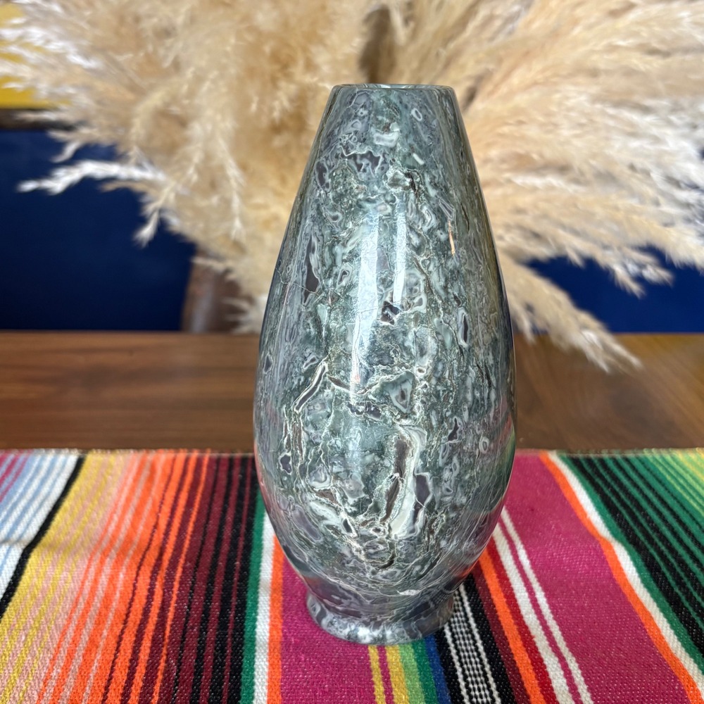 Vintage Green Marbled Stone Bud Vase Hand Carved Polished Onyx Marble 7.5‎ Inch